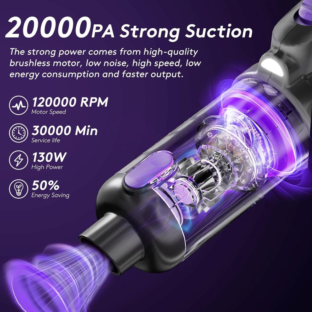 Portable Cordless Car Vacuum 20000Pa, 130W Brushless Motor with LED Light & 7800mAh Battery, Multi-Nozzles for Car, Home, Office
