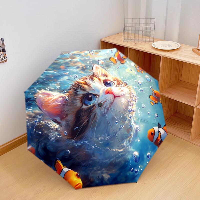 1 PC Automatic Folding Umbrella - Kitten Clownfish Pattern, Portable & Foldable Design with 8 Ribs, Christmas Birthday Gifts