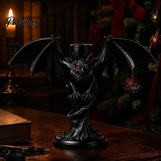 Dark Aesthetic Candle Decor Halloween Devil Bat Holder, Gothic Winged Candlestick with Spooky Party Red Eyes, Matte Black Sticks Holder Tabletop