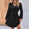 Women Spring Solid Color V Neck Long Sleeve Lace Up All Match Chic Dresses