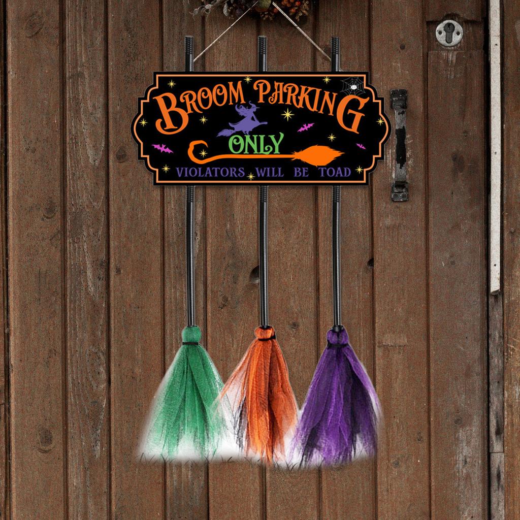 Enchanting Witches Broomsticks Parking Sign with 3 Wood Brooms Halloween Front Porch and Wall Decoration Party Supplies