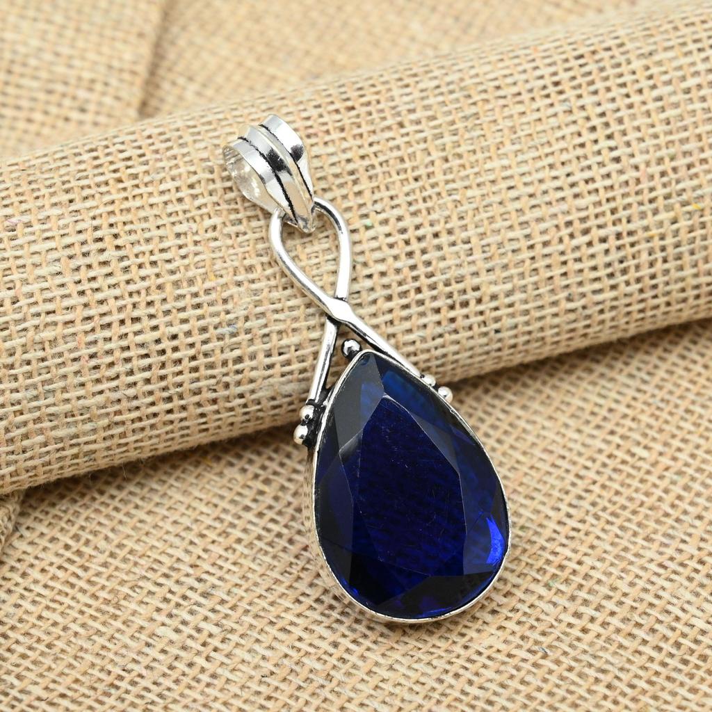 Blue Sapphire Lab-Created Gemstone Handmade 925 Sterling Silver Jewelry Attractive Pendants