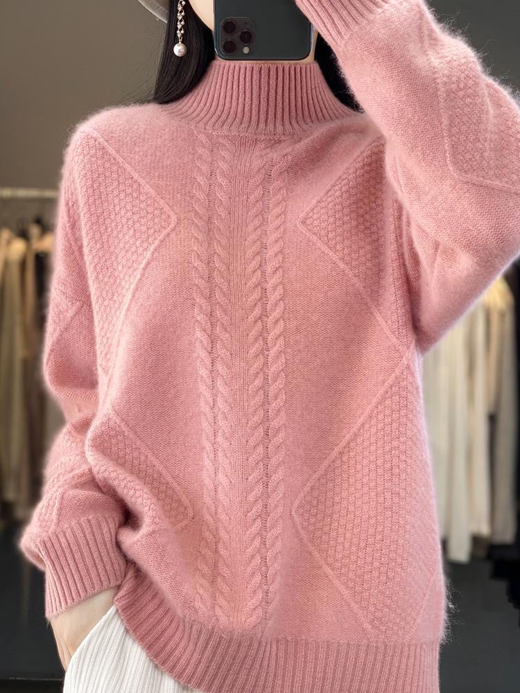 Women's Heavyweight Wool Cable Knit Sweater - Half-High Collar Loose Pullover