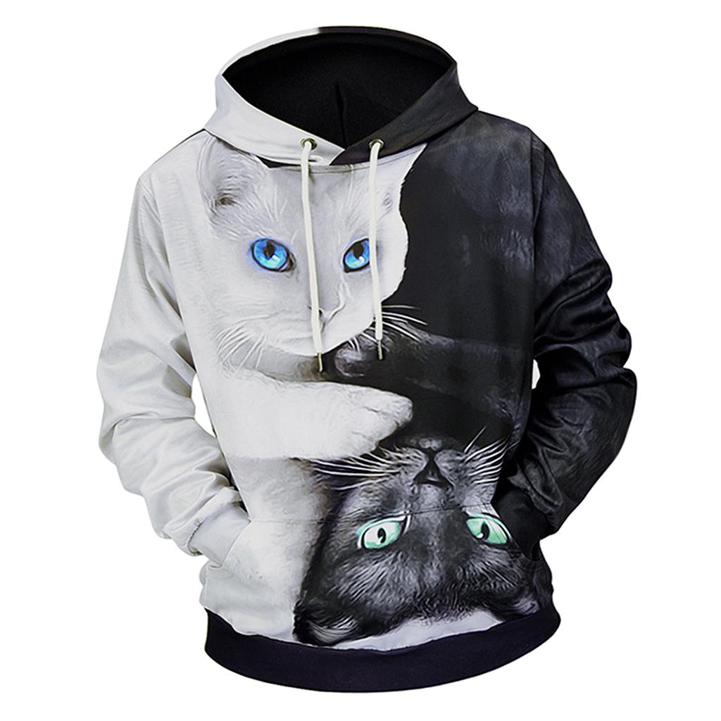 Men's Hoodie 3D Graphic Black White Cat Print Sweatshirt Pullover Tops ...