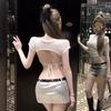 Pure Desire Spice Girl Drawstring Strap Sexy Short-sleeved T-shirt Women's Backless Design Sense Unique Chic Short Tight Top