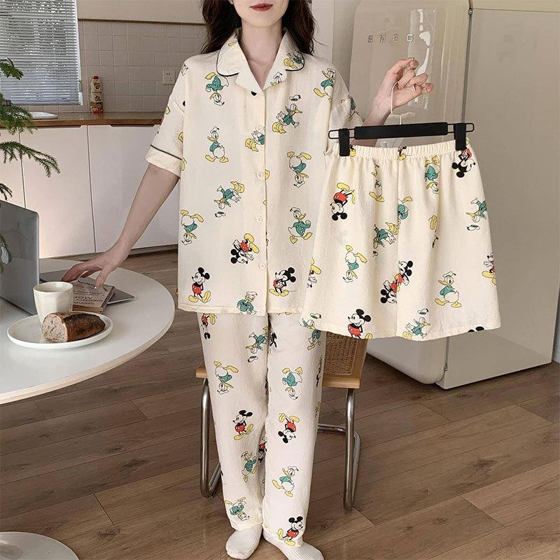 Internet Celebrity Cartoon Pajamas Women's Summer Short-sleeved Three-piece Loose Cardigan Women's Cute Loungewear Girl Suit