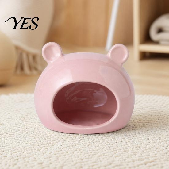 Small Animal Hideaway Cave Ceramic Hamster House, Summer Bear Shaped Hideout Cave, Spacious Habitat Bed Decor for Gerbil, Mice, Guinea Pig,