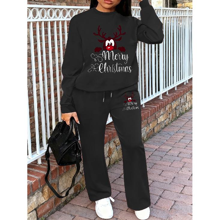 Kadın Bisiklet Yaka Sweatshirt ve İpli Düz Bacak Pantolon 2 Parça Set, Baskılı Ev Giyim Seti, Sonbahar/Kış Kadın Eşofman Takımı