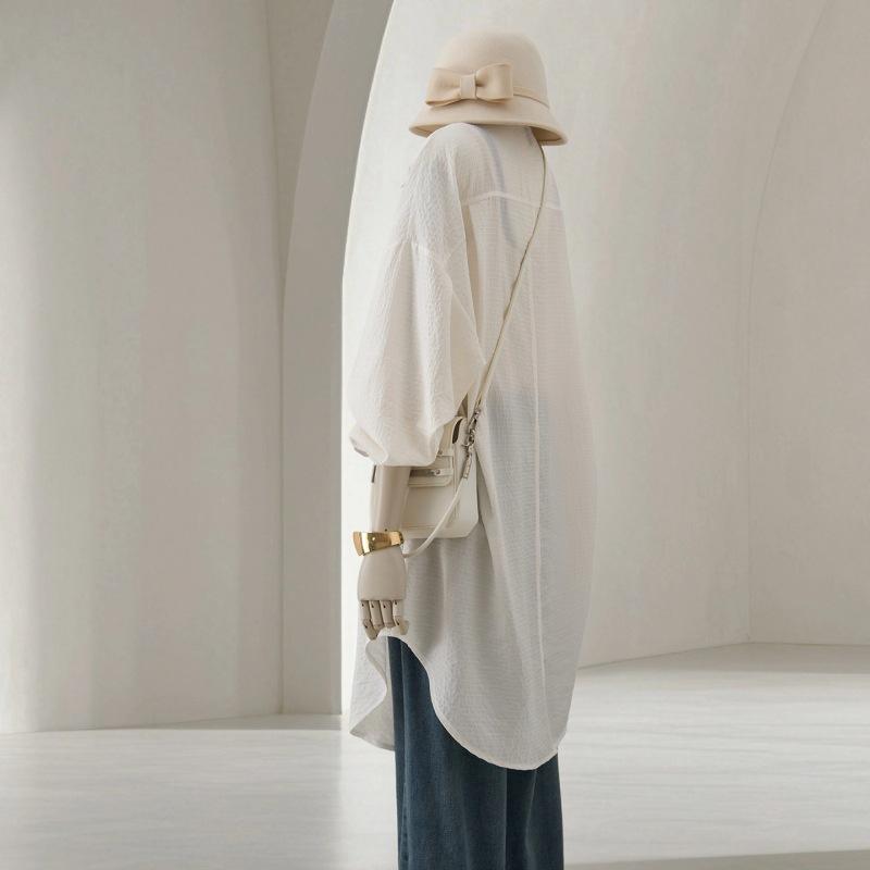 Spring Women's Shirt Medium To Long Length Flip Collar Long Sleeve Over Striped Shirt for Women