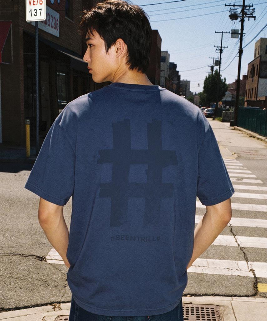 BEENTRILL Vintage Stamp Hashtag Dyed Short Sleeve T-Shirt (Navy)