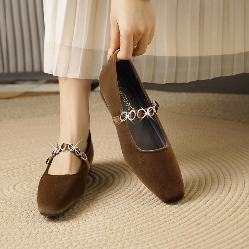 

Ретро квадратный носок сатиновый толстый каблук легкий вырез ремешок с бриллиантами на одном слове маленький низкий каблук замшевые туфли Мэри Джейн элегантные 40 коричневый