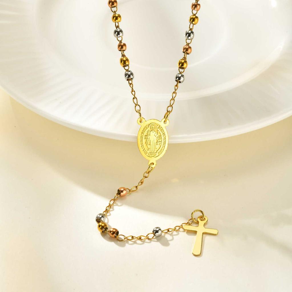 Drei Farben Rosenkranz Beten Kreuz Heiliger Benedikt Halsketten für Frauen, Edelstahl Vergoldet Perlenförmig Y-förmige Halskette Schmuck