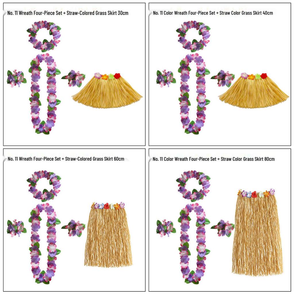 Kaifeng Summer Hawaiian Grass Skirt and Flower Garland Dance Party Set - 5 Pieces (30CM, 40CM, 60CM, 80CM)