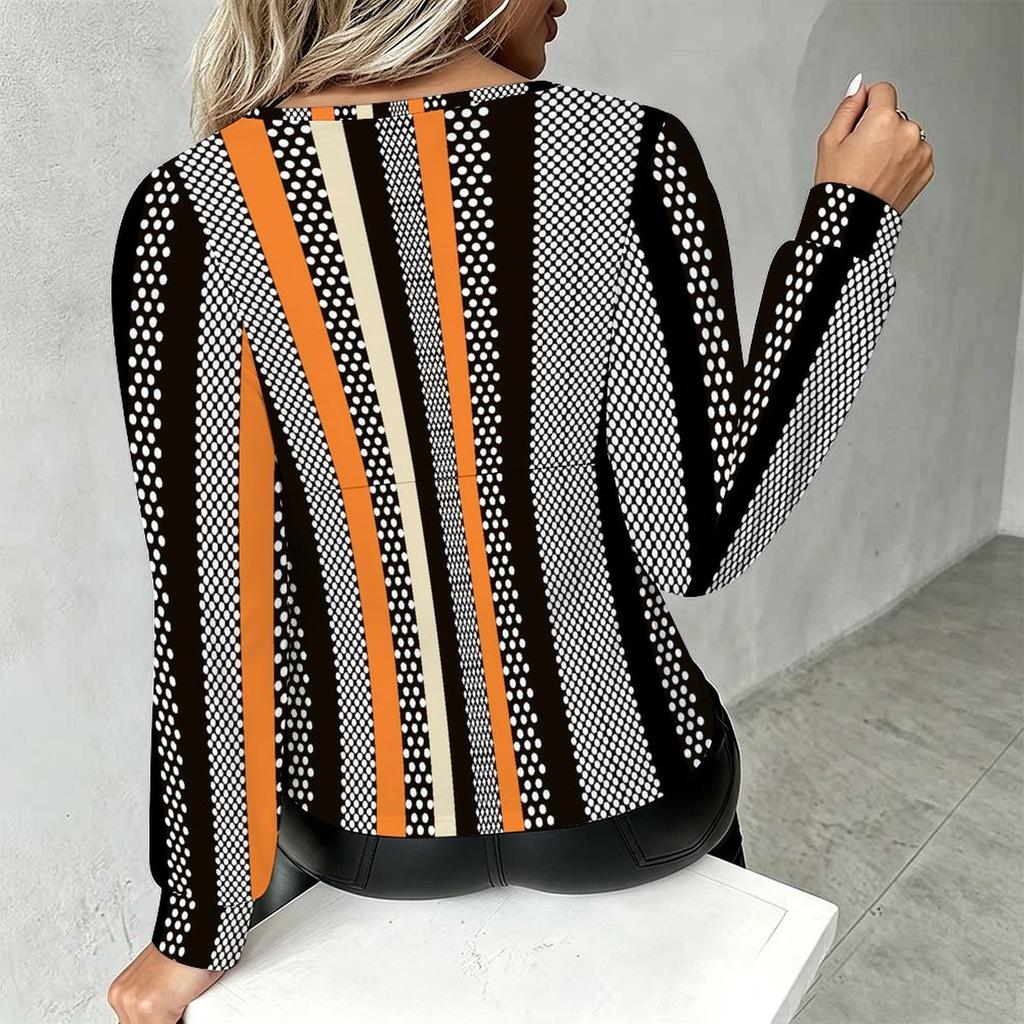 Plus Size Women V Neck Lantern Long Sleeve Top Color Block Print Slim Fit Casual Blouse
