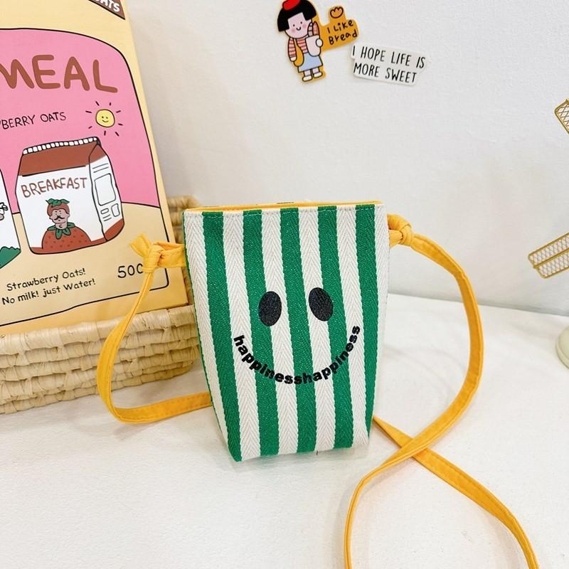 Stylish Mini Canvas Shoulder Bag For Kids With Cute Smiley Face And Striped Design