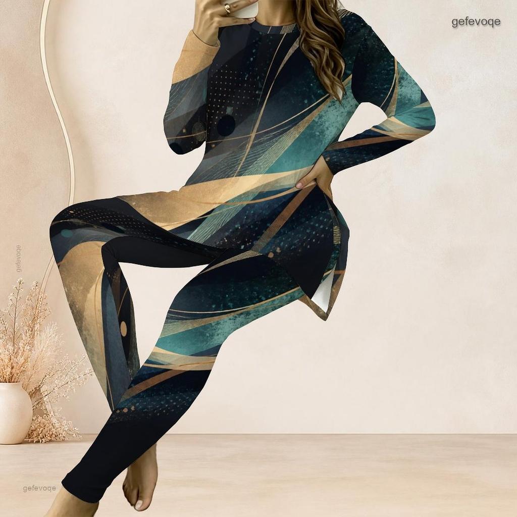 Women Plus Size Two Piece Set Round Neck Long Sleeve Colorful Splash Print Top And Long Pants