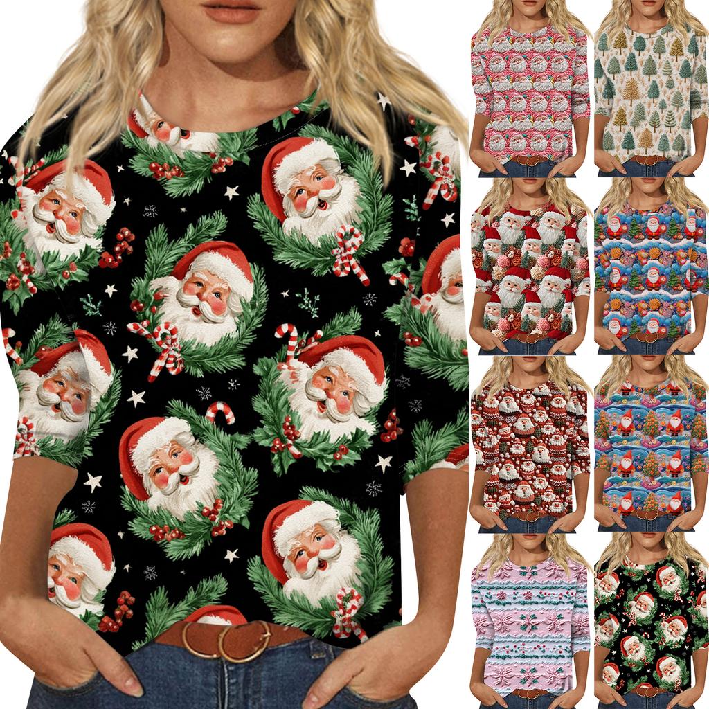 Women's Fashion Casual Round Neck 3/4 Sleeve Loose  Printed T-Shirt Ladies Top
