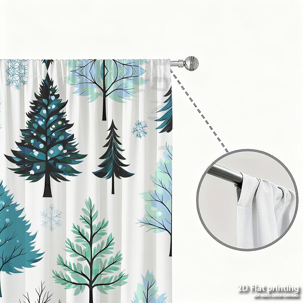 Piece Set High Definition Digital Printed Curtainswatercolor Blue Green Pine Tree Patternhome Decoration Style Curtains Made Of Polyester