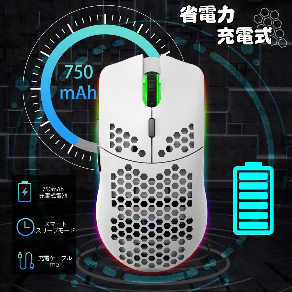 Gaming Mouse Wireless Lightweight Honeycomb Design Optical RGB Backlight 6 Buttons 4 Level DPI Adjustable Rechargeable 750mAh Wireless Compatible with