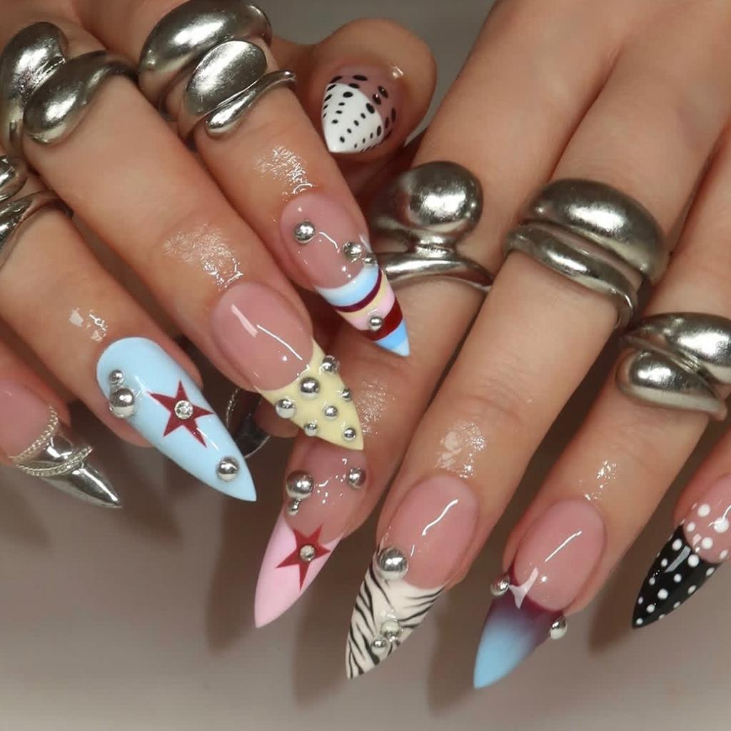 24PCS Y2k Pink Long Stiletto Press on Nails Sweet Leopard Print French False Nails with Heart Pearl 3D Metallic Star Fake Nails
