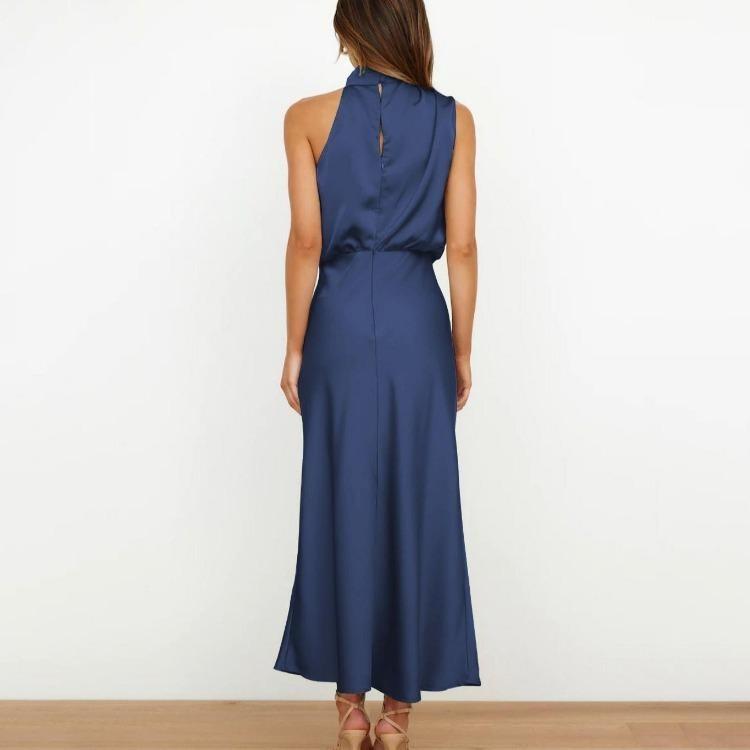 Elegant Women Summer Halter Sleeveless Long A-Line High Waist Solid Color Evening Dresses