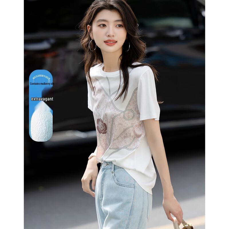 Demana Silk Blend Petite Rose Print Short Sleeve T-shirt L