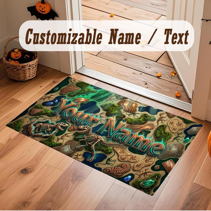 Dinosaur Theme Soft Crystal Velvet Rug Custom Name & Text Print Non Slip Floor Rug for Bedroom Living Room