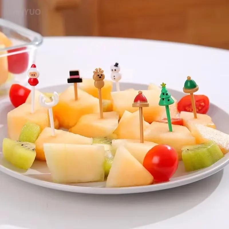 Christmas Fruit Forks Set Plastic Xmas Cupcake Toppers Elk Snowman Santa Claus Cookie Toothpick Xmas Party Cake Decorations