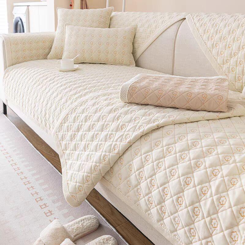 Plush Sofa Cushion Seat Slipcover Cream Style Embroidered Flower Sofa Cover Adjustable Headrest Backrest Towel