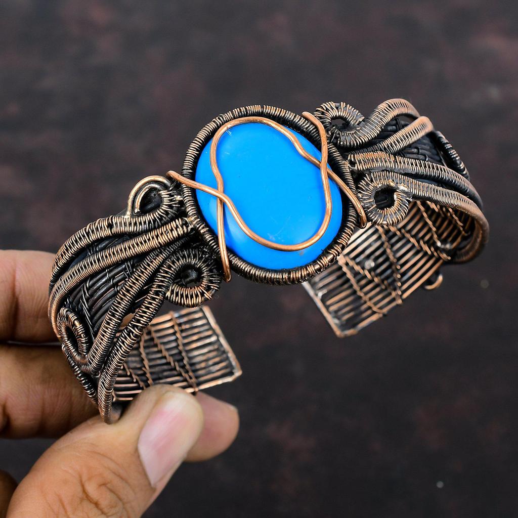 Dornröschen Türkis Armreif Kupferdraht umwickelter Armreif Verstellbarer Armreif Handgefertigter Edelstein Armreif Kupferdraht Schmuck Geschenk für Ihn