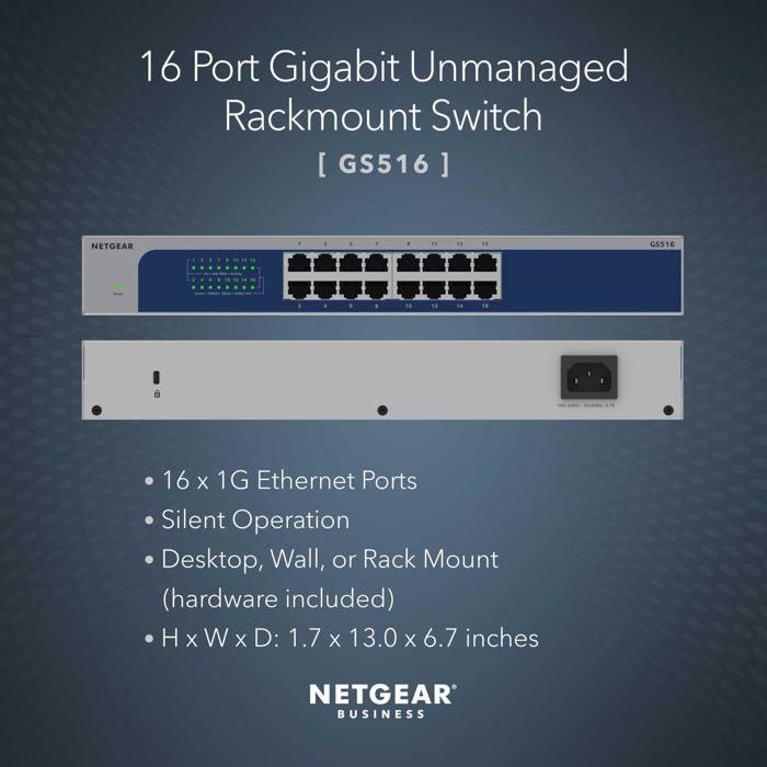 Switch - NETGEAR - GS516-300EUS - 16 Ports - Gigabit Ethernet - Économe En Énergie