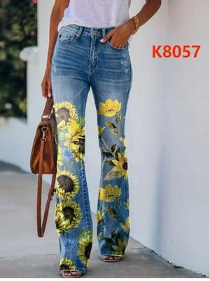 2023 Übergröße Damen Jeans-Optik Blumen Muster Schlaghose Lässige Hose