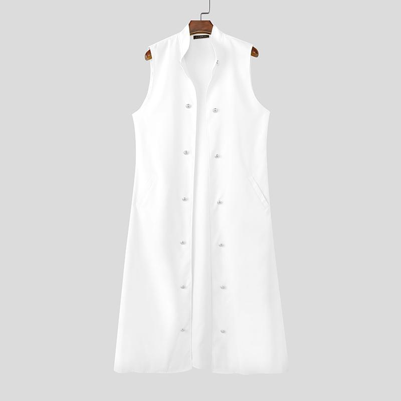 INCERUN Men Satnd Neck Sleeveless Open Front Decorative Buttons Casual Long Cardigan