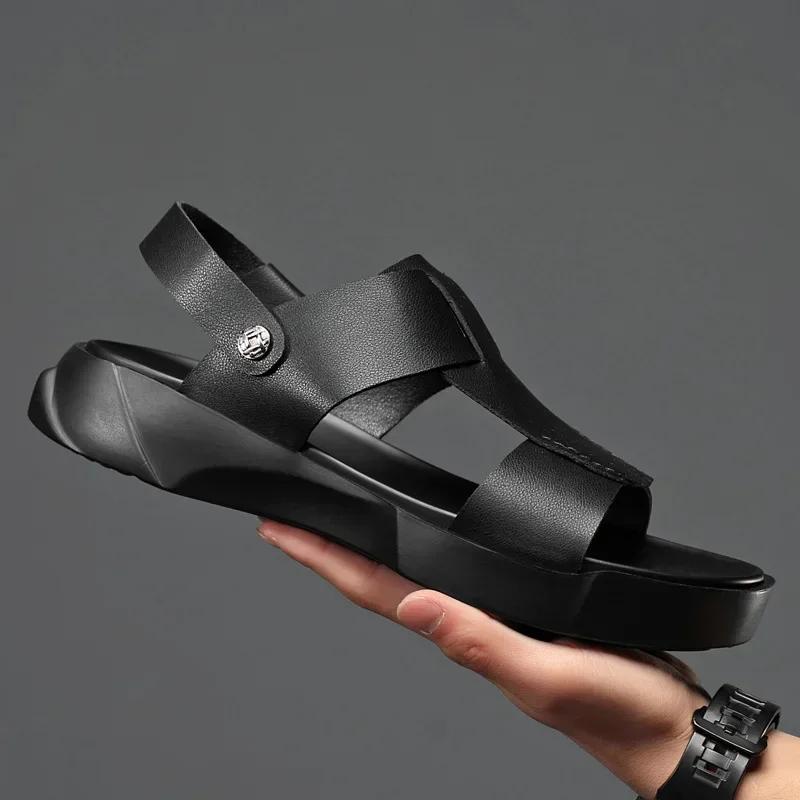 

Сандалии мужские из натуральной кожи, летние модные повседневные тапочки на полой платформе, легкие и удобные, с высоким верхом, мужские туфли 43 чёрный