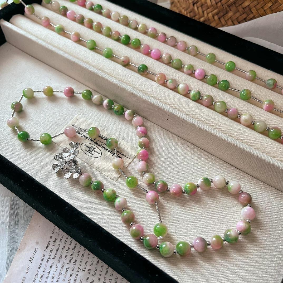 National Style Retro Natural Quartz Rock Peach Blossom Color Small Long Chain Necklace Collarbone Chain Various Ways To Wear