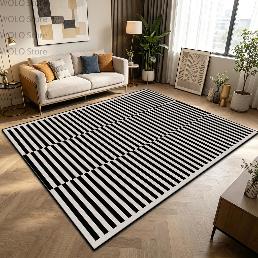 Modern Black White Striped Geometric Carpet Large Living Room Table Rug Soft Fluffy Non-slip Washable Bedroom Lounge Floor Mat