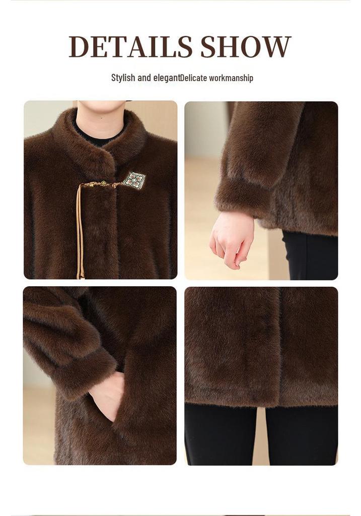 Elegant Short Winter Coat for Middle-Aged Women - Faux Mink Leather and Fur, New Chinese Style.