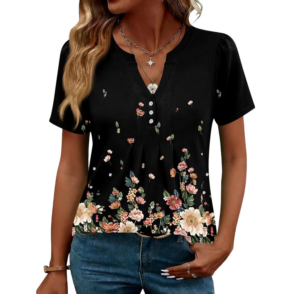 Damen Oberteile Festlich Lässig V-Ausschnitt Kurzarm Hemden Plissierte Blusen Knopfleiste Tunika