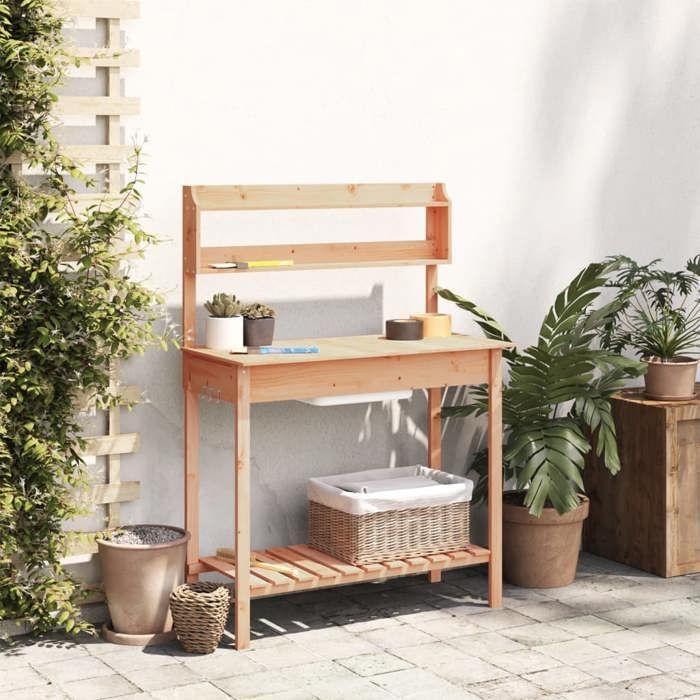 VidaXL Table de Rempotage avec Évier, Établi d'Empotage de Jardin avec Étagère et Crochets, Meuble de Patio Terrasse, Marron 156347