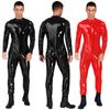 Mens Glossy Faux Leather Zippered Crotch Bodysuit Long Sleeve Tight Fit Clubwear Disco Party Outfit Shiny Latex-Style Costume