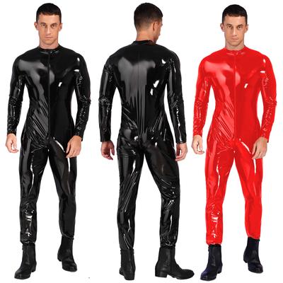 Mens Wet Look Patent Leather Jumpsuit Zipper Crotch Design Stand Neck Long Sleeve Catsuit Clubwear Bodysuit