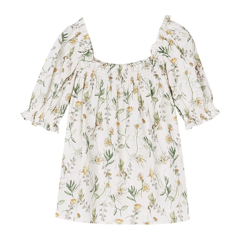 Xiangying Women s Pure Cotton Floral Square Neck Short Sleeve Top XL