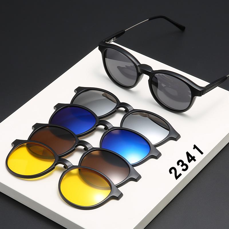 Magnetic Round Frame Polarized Clip-on Sunglasses Set for Men & Women - 5 Interchangeable Lenses