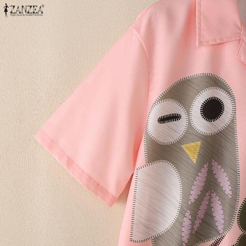 ZANZEA Women Casual Turn Down Collar Loose Short Sleeve Print Blouse