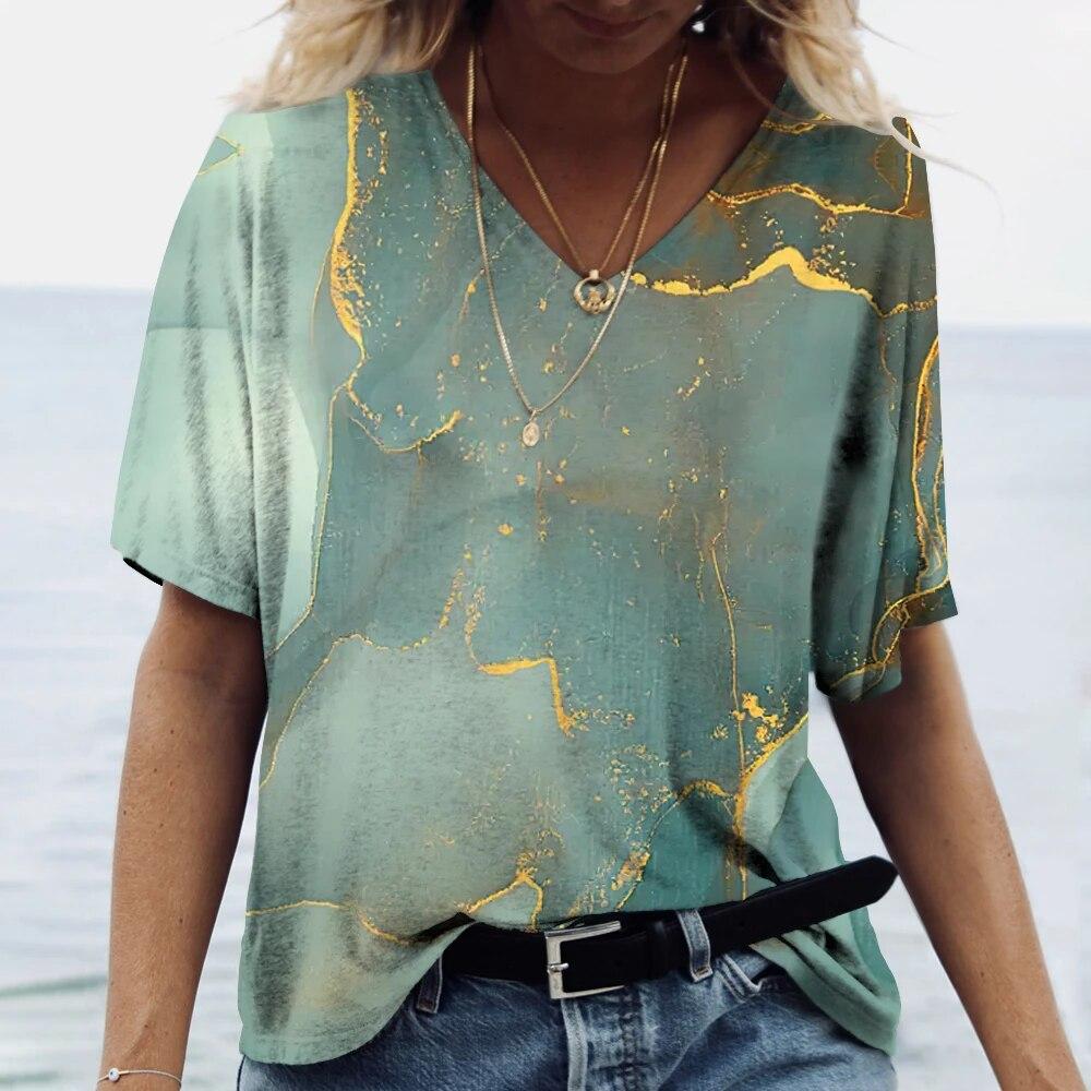 Summer Fashion Textured 3D Print T-shirts Women Casual Streetwear Short Sleeve V-Neck T Shirt Harajuku Tees Tops Clothing