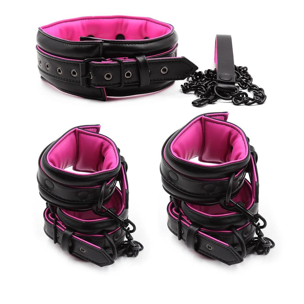 Soft PU Leather Handcuffs and Collar Set with Leash
