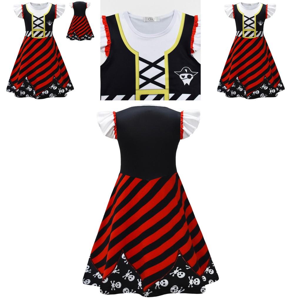 Skull Print Halloween Girls Dress With Ruffle Hem And Printed Fabric For Kids Age 3 To 8