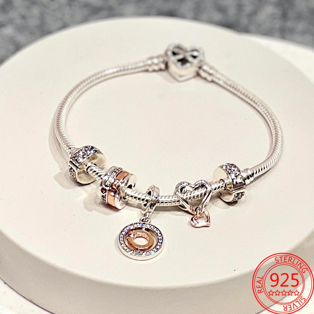 Classic 925 Silver Rose Gold Heart&Ball&Lucky Bead Charm Fit Bracelet DIY Jewelry