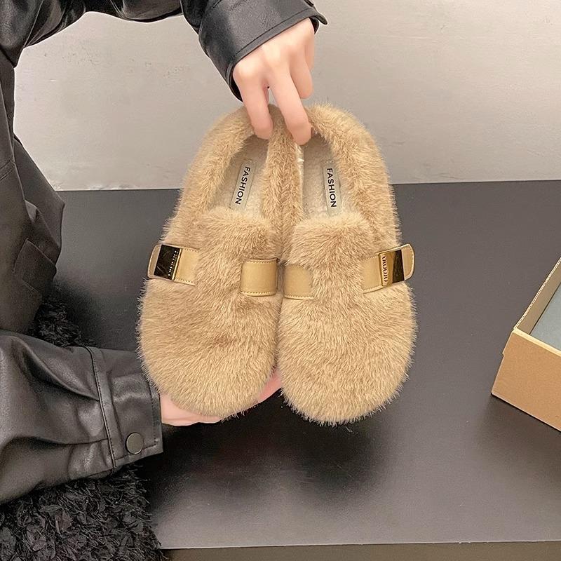 One Pedal Fairy Wind Soft Sole Velvet Outer Wear Fluffy Shoes Female Outer Wear 2025 Autumn and Winter New French Cotton Shoes Tide