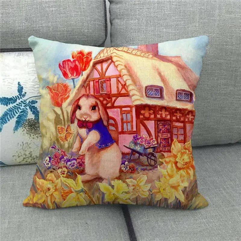 Happy Home Pillowcase Funny Rabbit Easter Egg Print Cushion Cover Pastoral Cartoon Hare Pattern